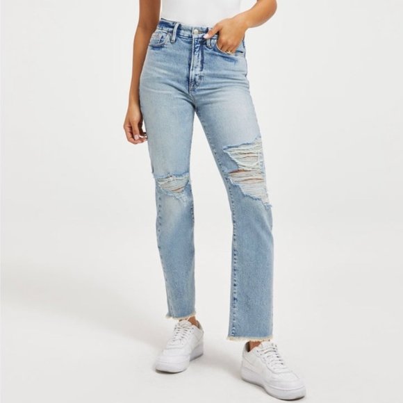Good American Denim - NWT Good American light wash high rise Good Boy straight leg size 0 distressed